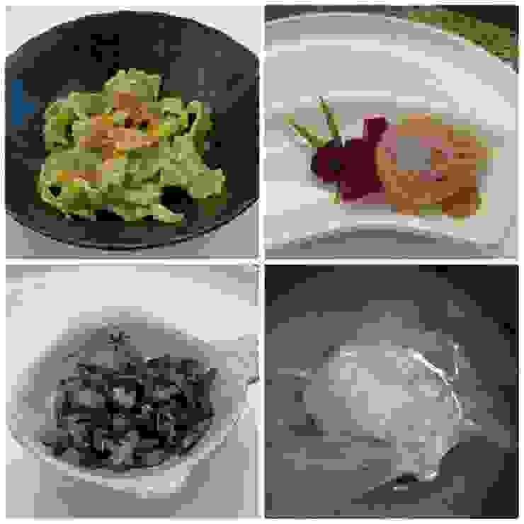(左上)槐葉冷陶；(右上)荔枝乾、扶桑荔枝凍、桂花糖藕。(左下)蔗漿菰米飯；(右下)木槿花餛飩