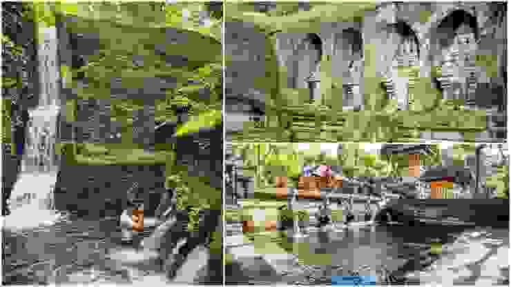 Dalem Pingit聖泉有著圖左的瀑布灌頂/Pura Gunung Kawi聖泉有壯觀的石壁雕刻