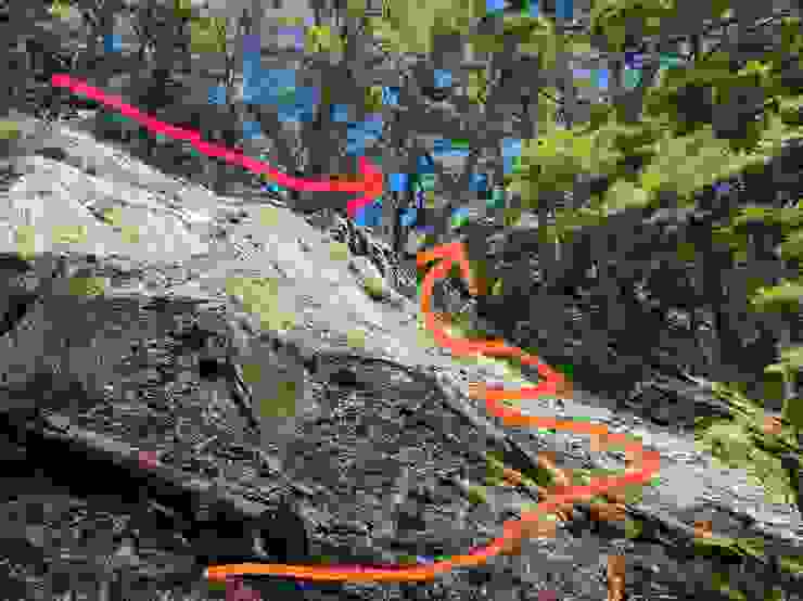 紅色路線是多數紀錄走上方稜線越過倒木崩塌；橘色路線是我嘗試想之字上的
