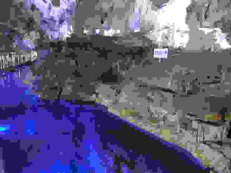 欄杆外面藍色的部分都是水，旁邊還有個小小的鐘乳石洞窟