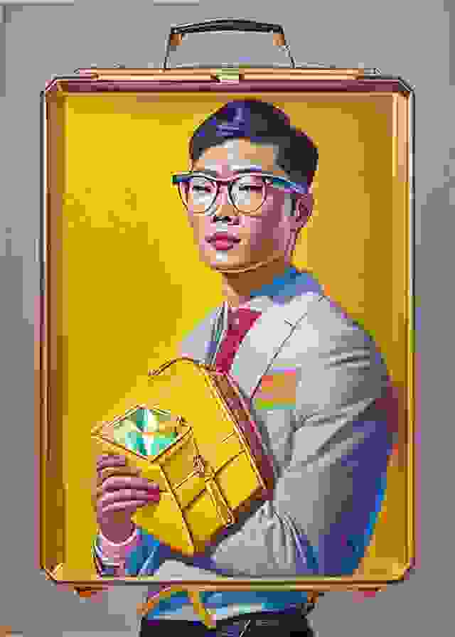 Emotionally Charged, Upright Standing, Multicolor Frame glasses, Metal Frame glasses, Symbolic techniques, Golden ratio composition, Summer, Metaphorical,  Symbolic,  Multi-layered,  Illustrative,  Revelatory, Char siu bao, Post-Impressionism, Diamond face, Yellow skin, Briefcase bag, Realism, Sling