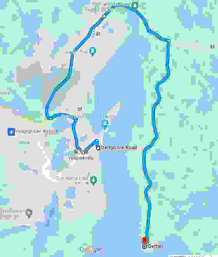 白線顯示横越大奴湖連結黃刀鎮和 Dettah 的冰路