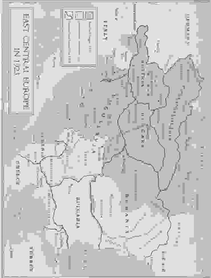 圖五：East Central Europe in 1923   深灰色是奧匈帝國在1914年的領土， 虛線代表1914年的國界， 粗線代表1919年的國界。圖片來源：Paris 1919／by Margaret MacMillan