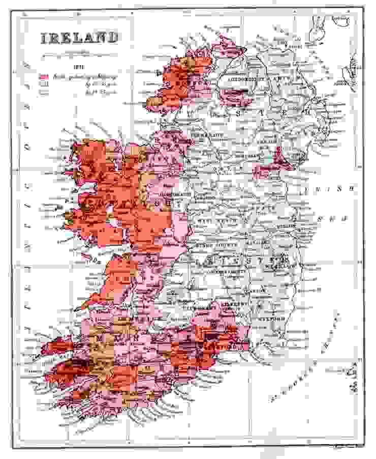 愛爾蘭語於島上的使用人口分佈。1871年。