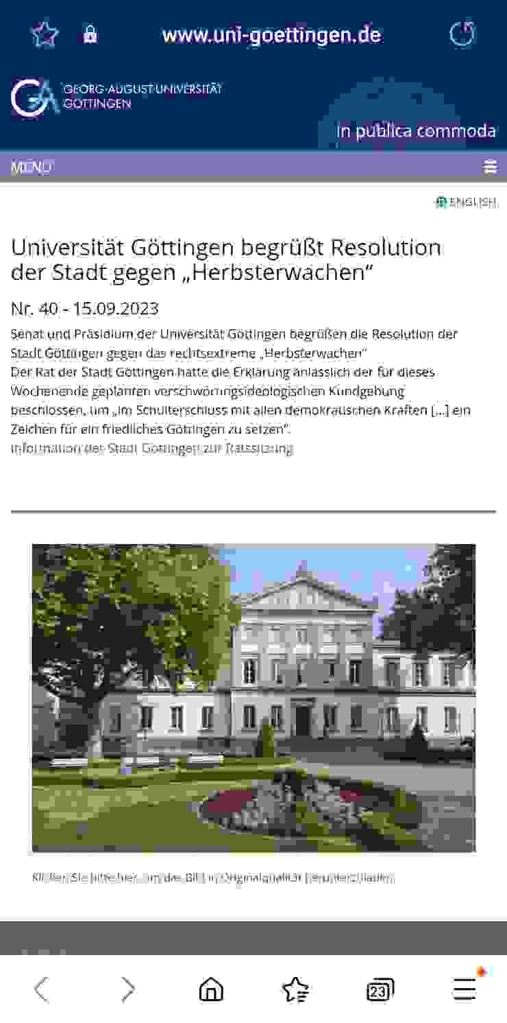 哥廷根大學新聞稿：Universität Göttingen begrüßt Resolution der Stadt gegen „Herbsterwachen“