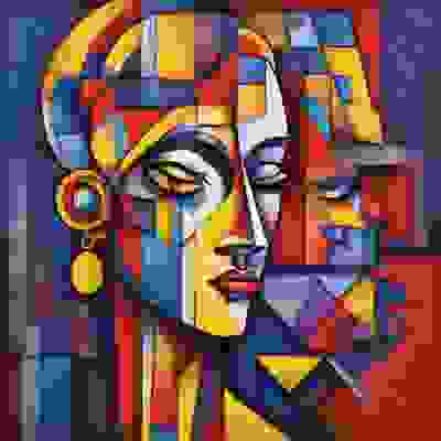 MoonShot魔法指令：Woman, Cubist style, yellow_red_blue_purple, left side,