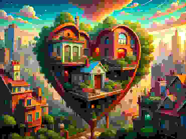 Recraft AI：In the bustling city, there stands a heart-shaped house with three beautiful little rooms inside—a study, a bedroom, and a bathroom. Outside, there's a small garden, and each room is filled with plants and flowers, basking in the brilliant morning sunlight.