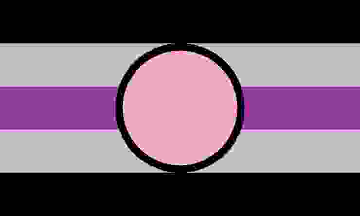 紙性戀（Fictosexuality）的識別旗上，黑色和灰色條紋代表感受不到非虛構角色、現實人物的性吸引力，紫色條紋代表無性戀光譜，中心的黑色圓環代表「現實與虛構的區分」，圓環中的粉紅色代表來自虛構對象的性吸引力。