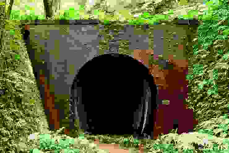 第二四腳亭隧道的外觀完整，磚紅色在森林中特別顯眼