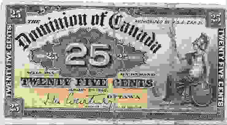 加拿大的25分錢小面額Shinplaster紙幣，發行於1900年。