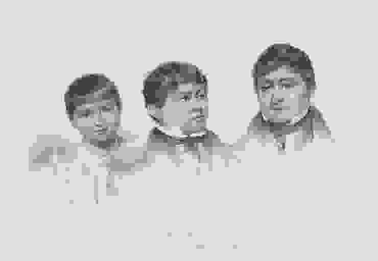 被費茲羅伊帶到英國的三位雅甘人，中間的少年是傑瑞米，左邊女孩是芙吉雅，右邊的男子則是約克。