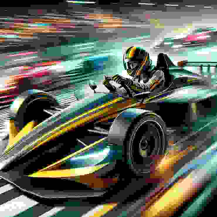 She is at the wheel of her iconic yellow and black race car, which is a blur on the race track, symbolizing her speed and the elusive nature of her presence. 