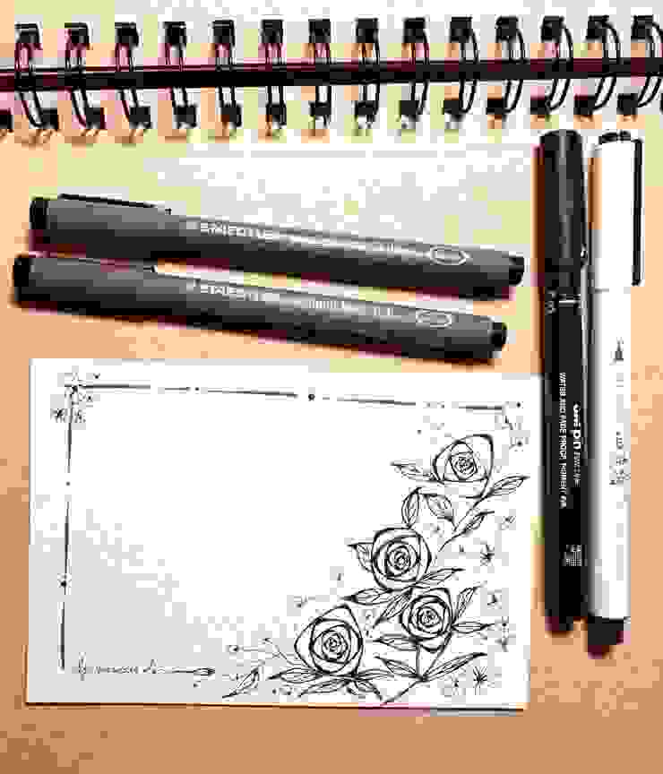 圖4 黑色花卉，用具黑色代針筆及四季繪輕柔筆