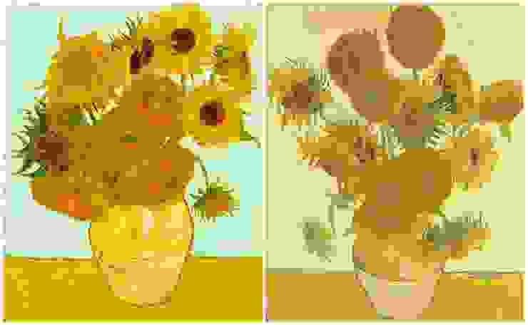 1888年兩幅向日葵。(左)十二朵向日葵,德國 慕尼黑市新繪畫陳列館 (右) 花瓶裡的十四朵向日葵, 英國 倫敦國家畫廊