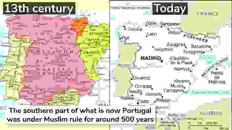 十三世紀中期對比今天的伊比利地圖