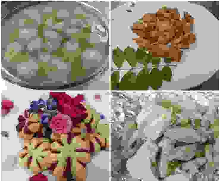 各種琳瑯滿目現做的花食：(左上)木槿花餛飩 (右上)酥炸紫藤花餛飩  (左下)玫瑰小酥餅 (右下)野薑花臭豆腐