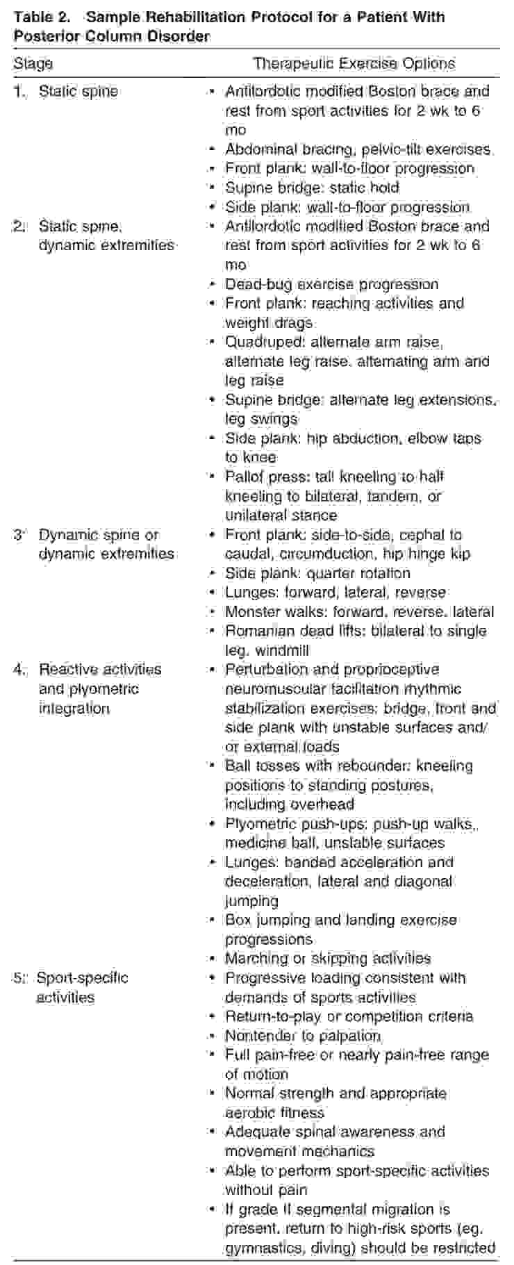 表1:針對「後脊柱失能」的人所提出的復健指引。