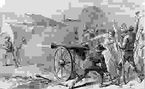描繪安潔莉娜老闆娘和奧斯丁市民們向休士頓的手下開砲的插畫。