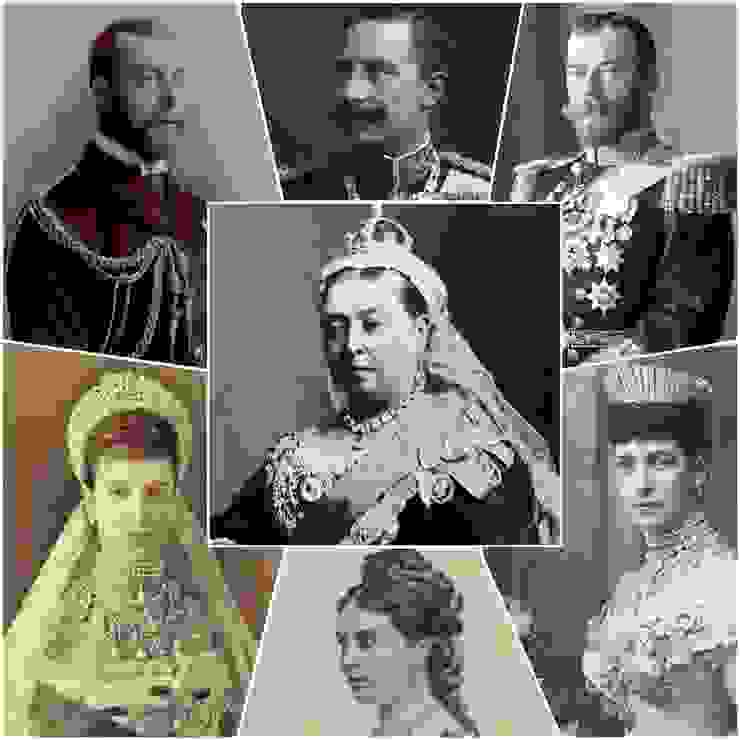 女王頭頂是英德俄三國君主，女王足下分別是他們的母親