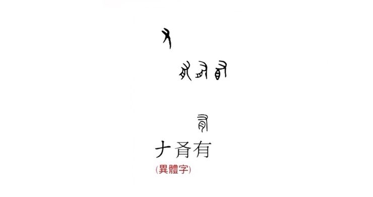 【附圖：有字演化 / 漢字「有」的甲骨文字體是一個抽象的手形符號，演化出後世的漢文「又」、「𠂇」等，後世纔加了漢文「月」，可見 have 的字首會採用可能與 hand 相關的 ha 來構字，自有其淵源。 】