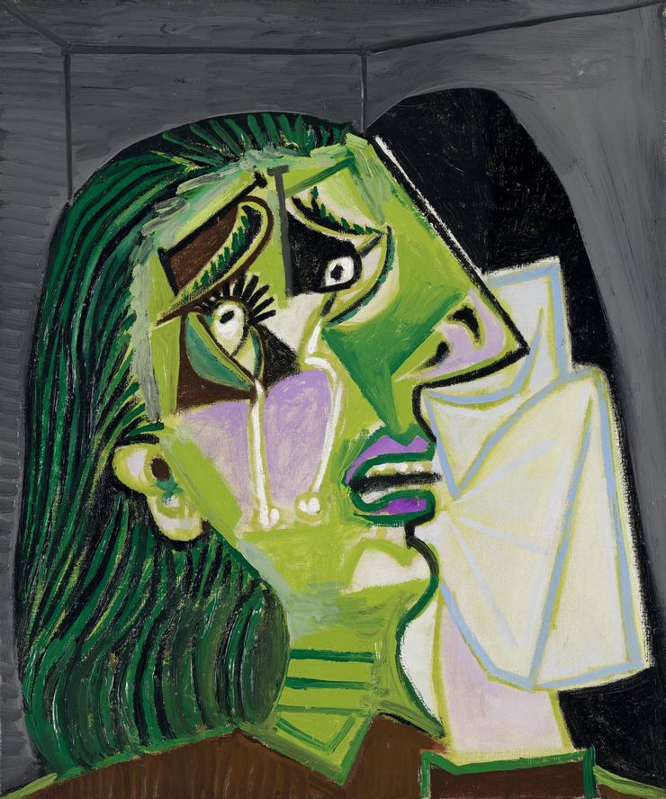 將文字和圖像結合，利用形狀、顏色、線條等視覺元素來傳達詩意和情感                                                                            THe Weeping Woman，1937，Picasso (圖片來源：Wikipedia)