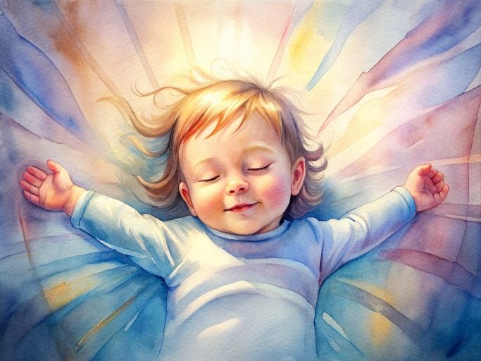 Recraft AI：A cute baby girl lies on the bed, with a gentle smile, closed eyes, and arms lifted upward and outstretched. The atmosphere is relaxed, with radiant light.