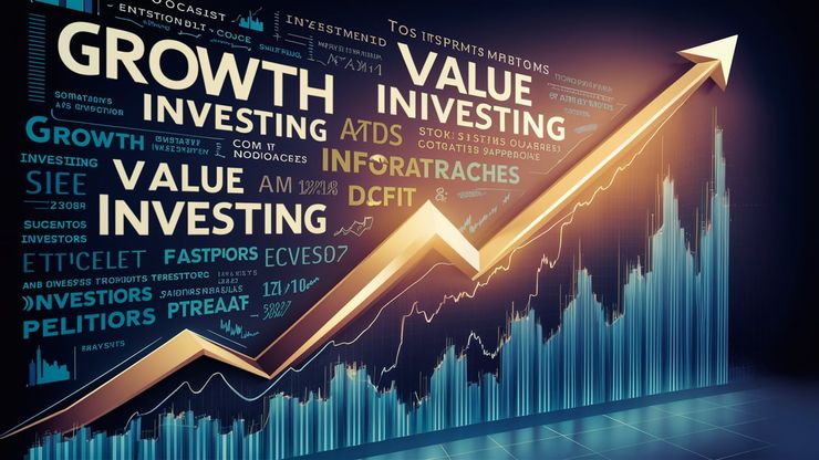 A captivating infographic on investment strategies, showcasing the importance of growth investing, value investing, and various investment approaches. The background features a dynamic stock market chart, with an upward trend reflecting success and profit. The overall image is informative and engaging, designed to educate and inspire investors to make well-informed decisions.