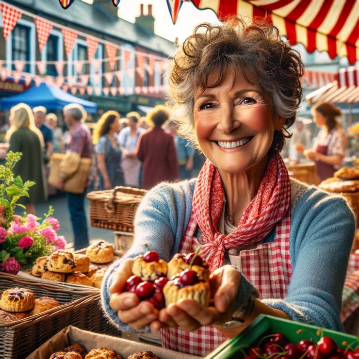 Jane spotted familiar faces and greeted each with a bright smile, handing out free samples of her famous cherry scones.