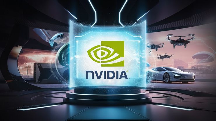 A futuristic technological scene, centered around an NVIDIA logo. The logo is displayed on a sleek holographic screen, surrounded by advanced gadgets and devices. In the background, there is a cityscape with flying cars and drones, showcasing the impact of NVIDIA's technology on the future of urban life. The overall ambiance is a blend of cutting-edge innovation and awe-inspiring futurism.