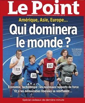 法國時事週刊《le puang》某期的封面。 美國總統拜登、德國總理梅克爾、法國總統馬克宏、臺灣總統蔡英文、中國共產黨主席習近平等5人以統治世界爲目標奔跑。(笑)〈網路新聞〉