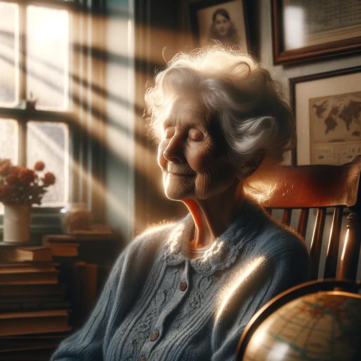 An elderly woman named Jane sits peacefully in a rocking chair, her silver hair illuminated by the warm glow of a setting sun streaming through a window.