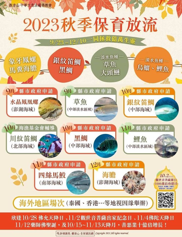 觀音山 2023年9月23日~12月10日 秋季 愛護海洋‧保育放流活動場次