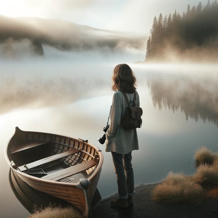 Jane, inspired by the scene, lifted her camera, adjusting the lens to capture the boat's timeworn texture against the tranquil backdrop of the misty lake.