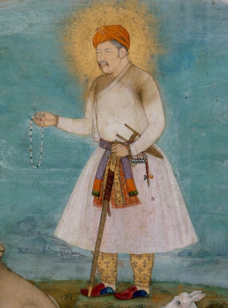 阿克巴。Wiki Commons, "Govardhan. Akbar With Lion and Calf ca. 1630, Metmuseum (cropped).jpg"