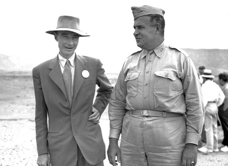 Gen. John Leslie R. Groves, right, appears with Dr. J. Robert Oppenheimer, inspect the base of a tower at the site of an atomic bomb test was exploded in Alamogordo, N.M., on Sept. 9, 1945. reference: Isabelle Butera, 2023.7, "Who was J. Robert Oppenheimer? What to know about atomic bomb physicist's life, career, death", USA TODAY