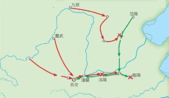 安史之亂路線圖 (綠色是安史叛軍, 紅色是支援的唐軍)