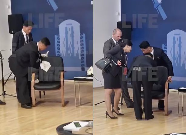北韓保安人員對金正恩即將入坐的椅子反覆檢查(推特X)