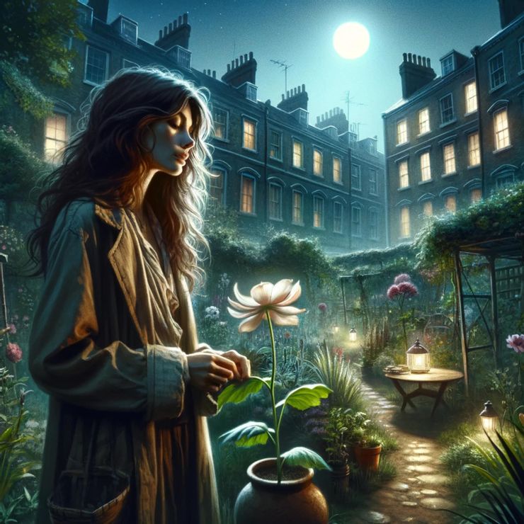In a secret garden in the heart of a bustling city, there is a woman named Jane. She is a botanist with a curious and dreamy demeanor, standing in the moonlight. 