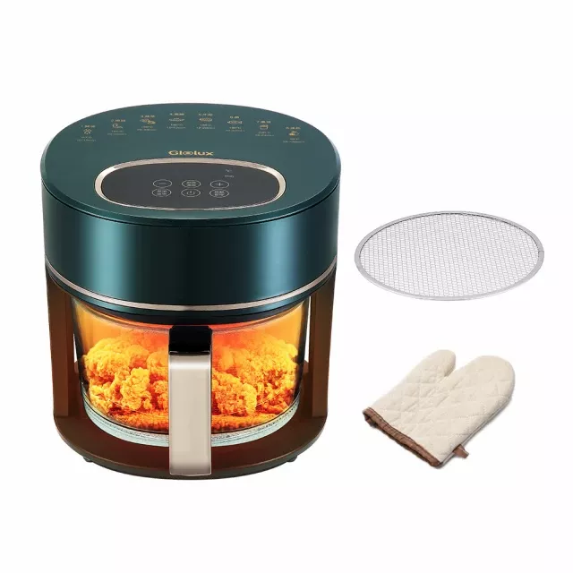 【2025氣炸鍋推薦】可進洗碗機清洗的氣炸鍋推薦:為您的廚房 Glolux 3.5L智能全景可視觸控式 晶鑽玻璃氣炸鍋-綠金香(1200W/一鍵設定/玻璃/氣炸鍋)