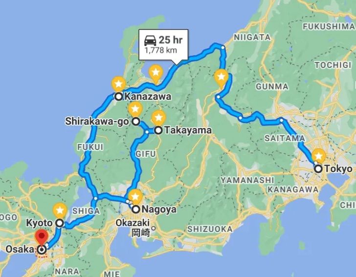 用google map畫的交通圖，Kanazawa就是金澤，用黃色星星標起來的就是上述列的大城市或知名地區，像東京（Tokyo ）、名古屋（Nagoya）、大阪(Osaka)等等，都可以從金澤到達