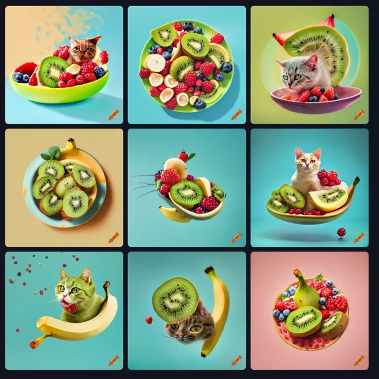 輸入 "summer plate, berries, kiwi, banana, happy cat flying"提示詞，Craiyon生成的作品