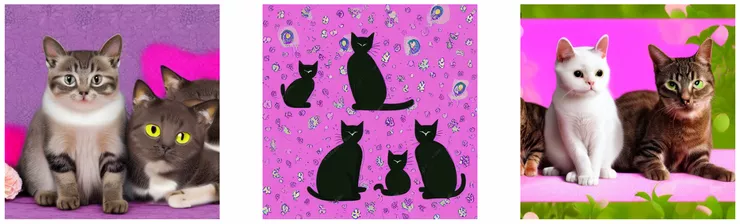 輸入 "A cat family, fancy, pink and purple lovely background" StableDiffusion model 生成的作品