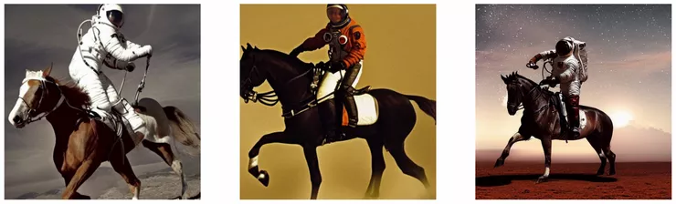 輸入 "photograph of an astronaut riding a horse" StableDiffusion model 生成的作品