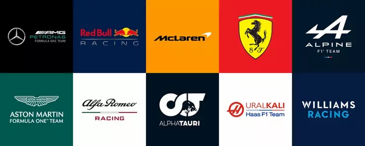 Formula 1 Team Logo Badges. F1 Teams Ferrari, Mercedes AMG, Red Bull,  Alpine etc. Every Racing Team or Constructor Currently Competing in F1  Racing World Championship. Stock Vector | Adobe Stock