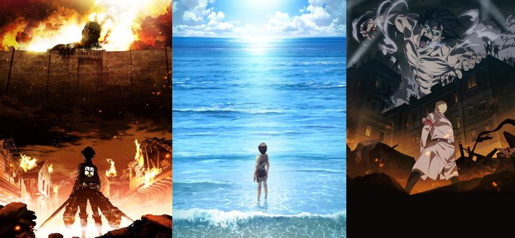 由左至右：《進擊的巨人》第一季、第三季、最終季海報