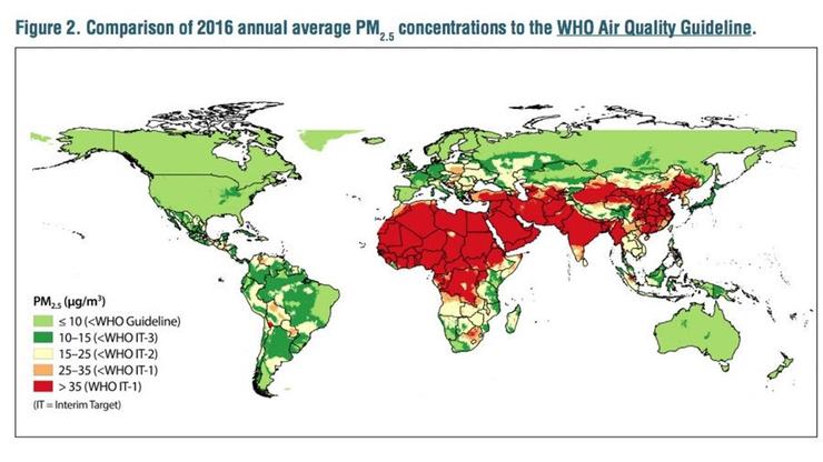 圖1 全球PM2.5的年均值。來源：HEI (2016) [4]