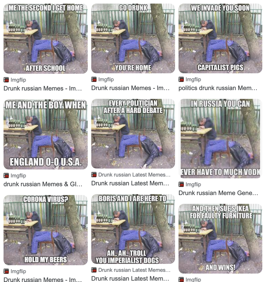 網路上用喝醉的俄羅斯人製作的各種迷因(Source: Imgflip)