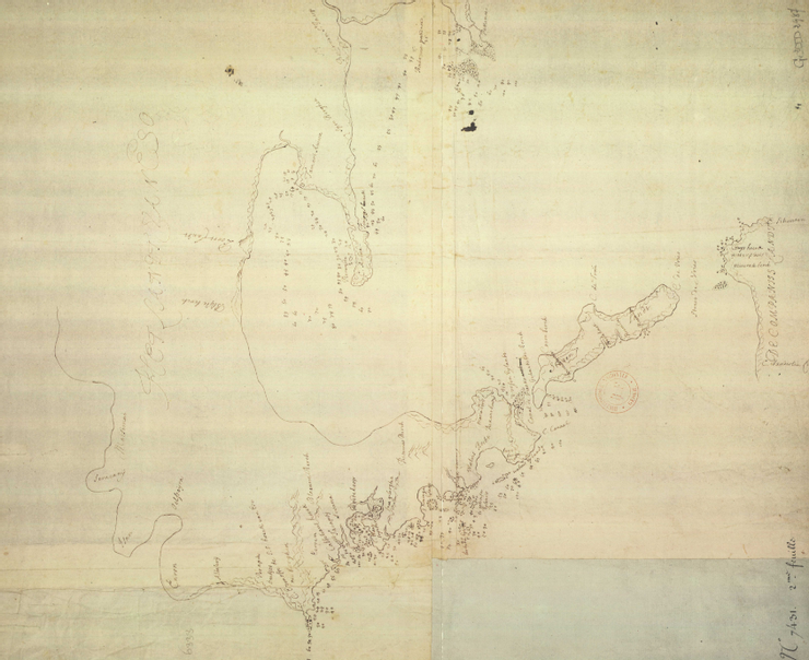 司令官 Maarten Gerritsz Vries 繪製的蝦夷地圖。
當時他們認為北海道和庫頁島是連在一起的陸地。