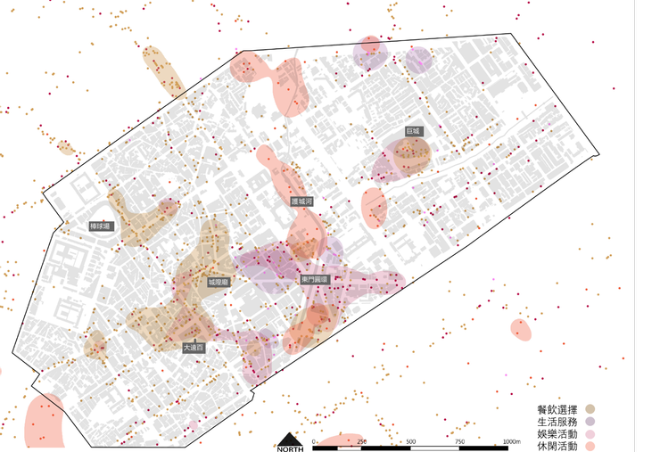 舊城區生活機能分佈，同一顏色片區代表該種機能服務分佈密度較高。
