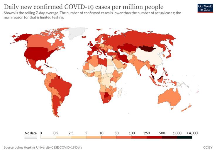 圖3 全球每百萬人的新增確診人數。來源:Our World in Data